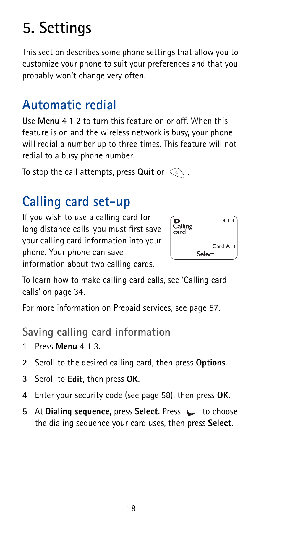 Settings, Automatic redial, Calling card set-up | Nokia 5125 User Manual | Page 24 / 92