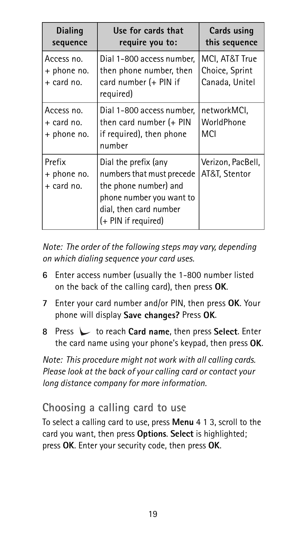 Choosing a calling card to use | Nokia 5125 User Manual | Page 25 / 92