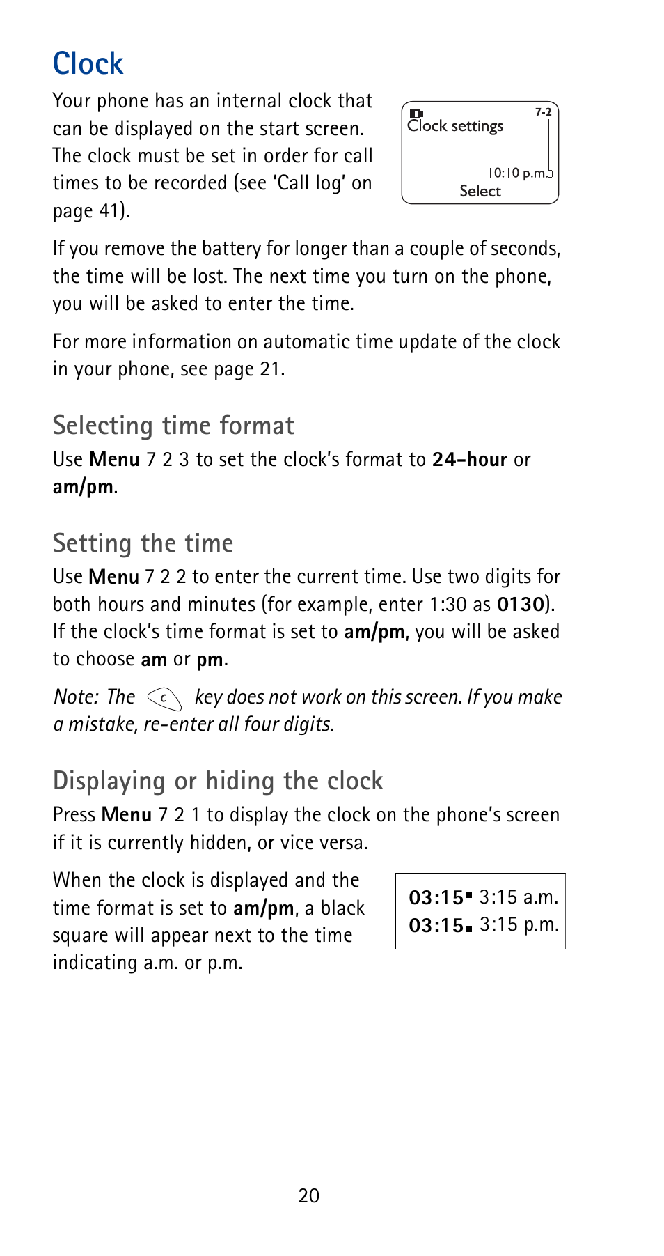 Clock, Selecting time format, Setting the time | Displaying or hiding the clock | Nokia 5125 User Manual | Page 26 / 92