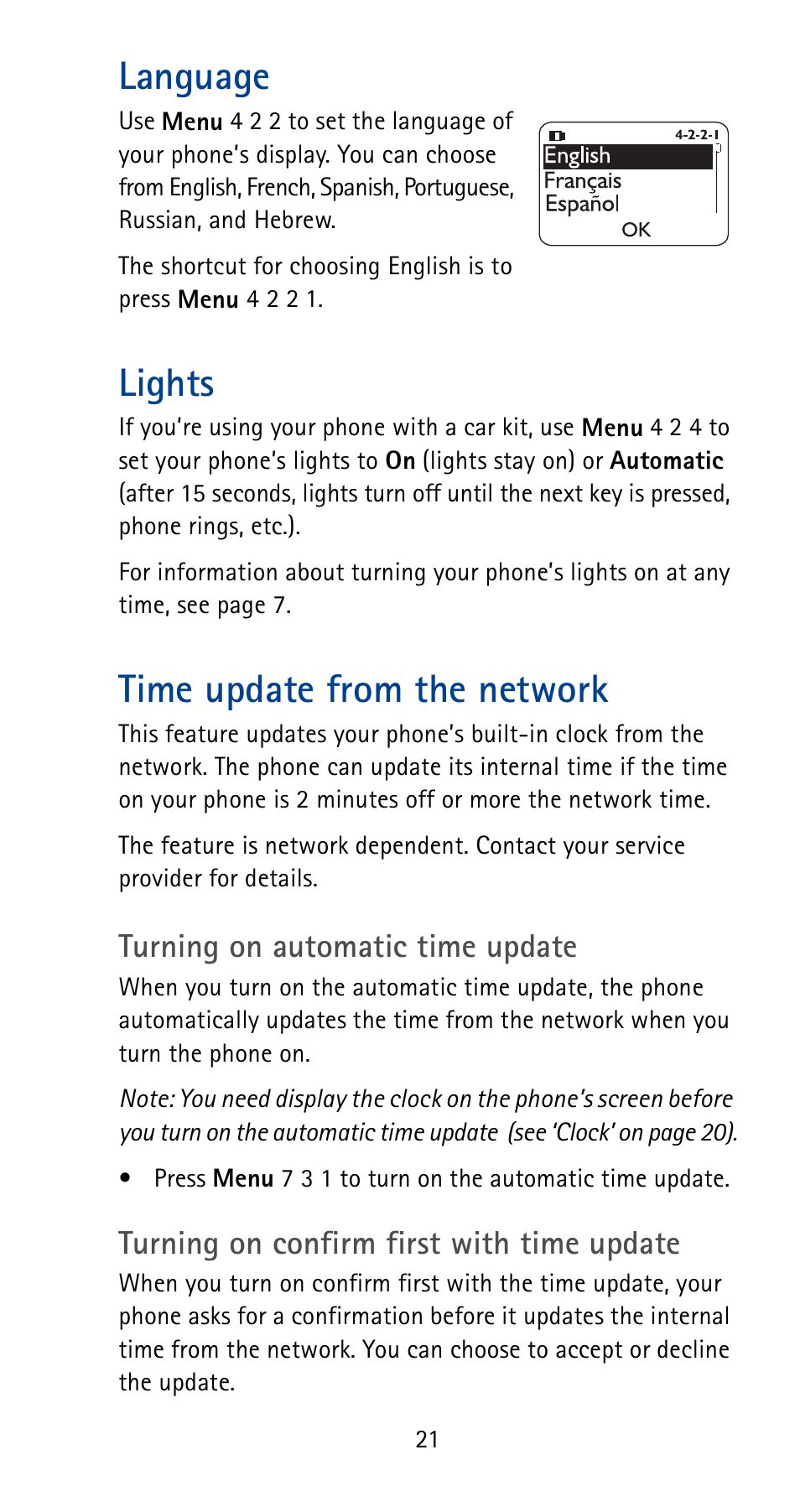 Language, Lights, Time update from the network | Nokia 5125 User Manual | Page 27 / 92