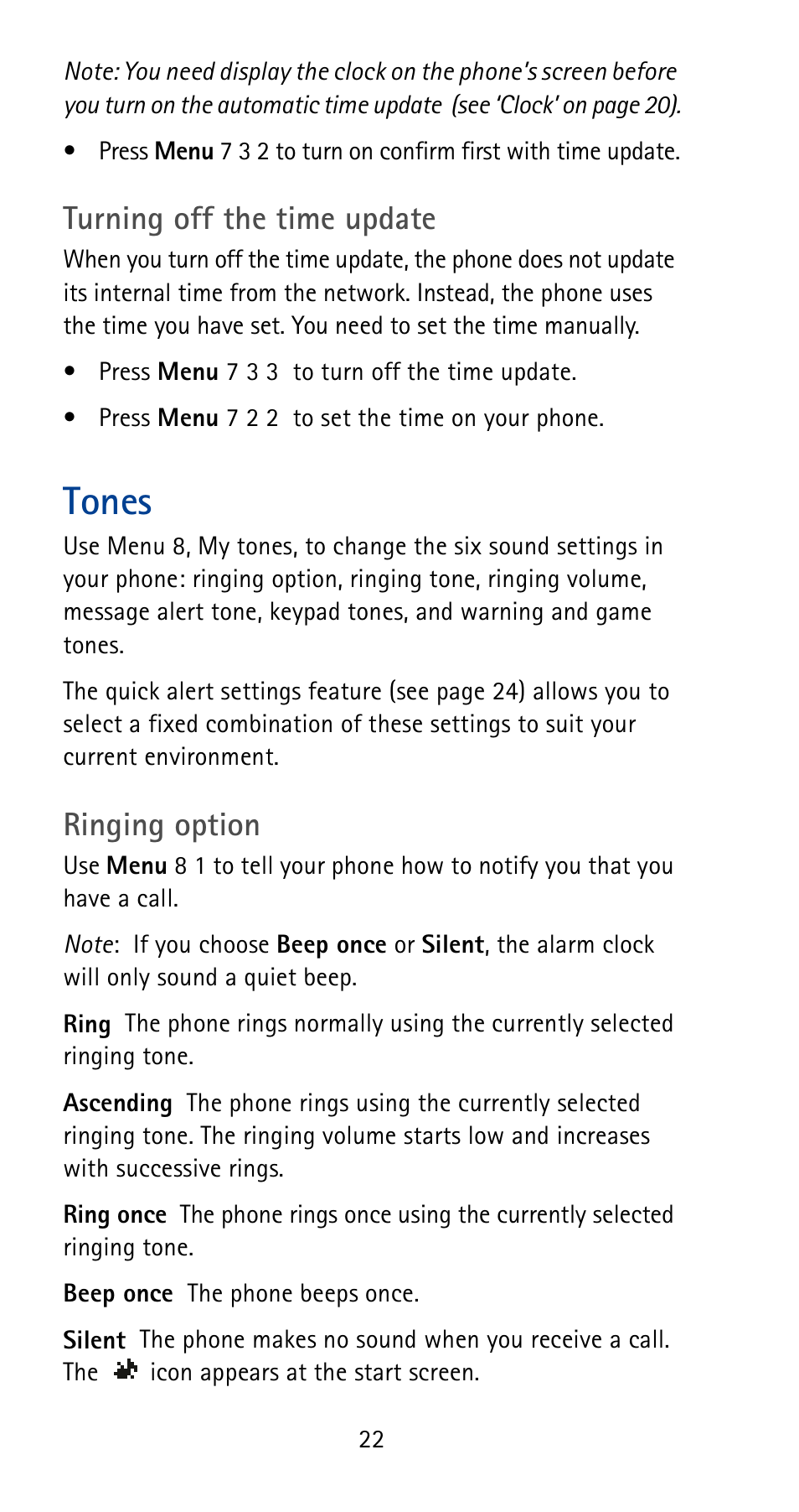 Tones, Turning off the time update, Ringing option | Nokia 5125 User Manual | Page 28 / 92