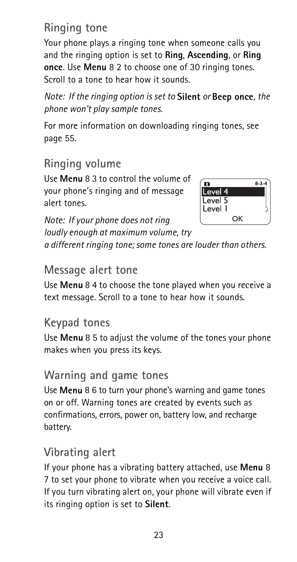 Ringing tone, Ringing volume, Message alert tone | Keypad tones, Warning and game tones, Vibrating alert | Nokia 5125 User Manual | Page 29 / 92