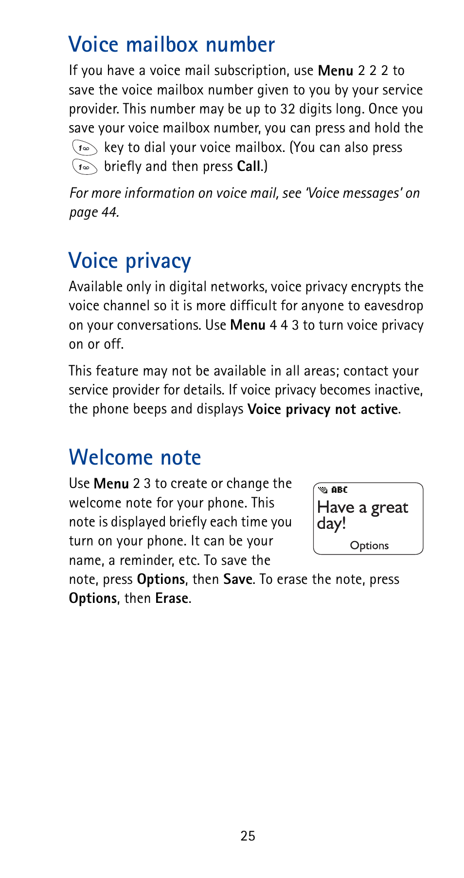 Voice mailbox number, Voice privacy, Welcome note | Nokia 5125 User Manual | Page 31 / 92