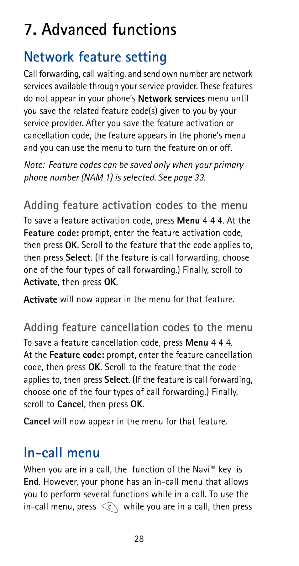 Advanced functions, Network feature setting, Adding feature activation codes to the menu | Adding feature cancellation codes to the menu, In-call menu | Nokia 5125 User Manual | Page 34 / 92