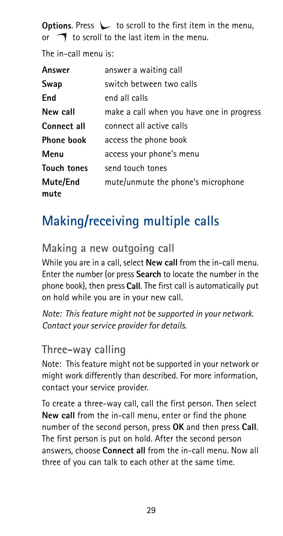 Making/receiving multiple calls, Making a new outgoing call, Three-way calling | Nokia 5125 User Manual | Page 35 / 92