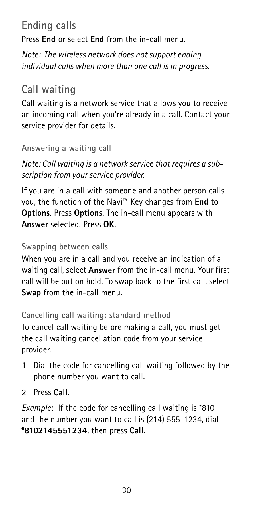 Ending calls, Call waiting | Nokia 5125 User Manual | Page 36 / 92