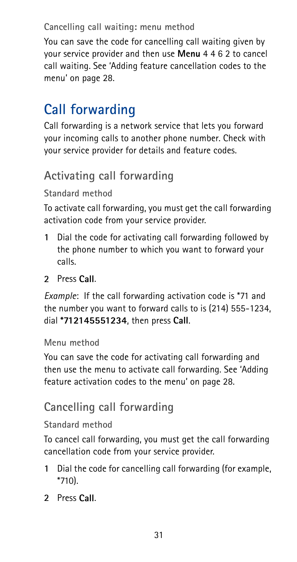 Call forwarding, Activating call forwarding, Cancelling call forwarding | Nokia 5125 User Manual | Page 37 / 92