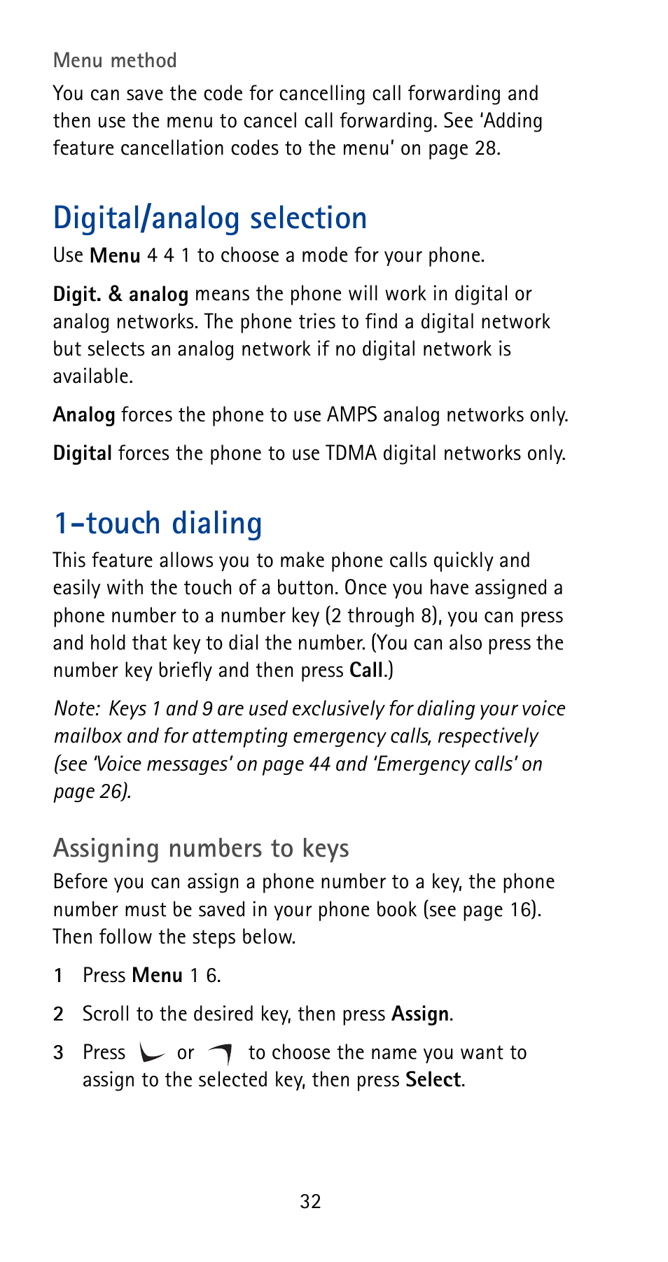 Digital/analog selection, Touch dialing, Assigning numbers to keys | Nokia 5125 User Manual | Page 38 / 92