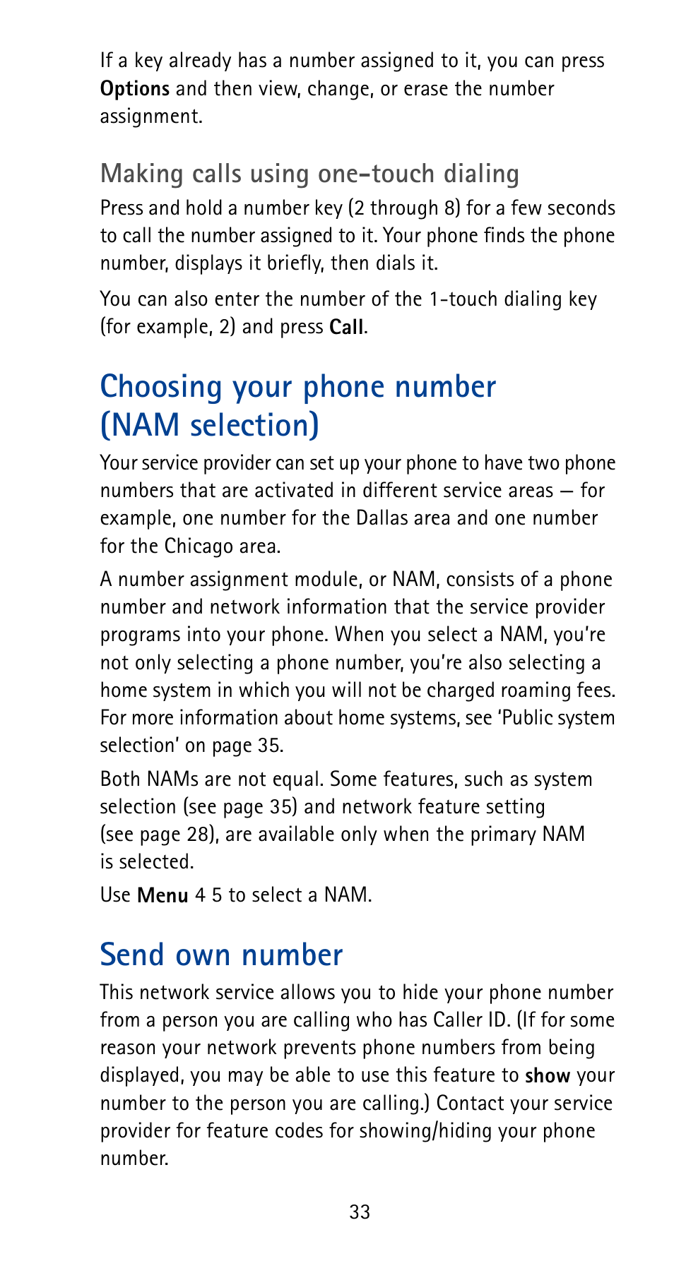 Choosing your phone number (namselection), Send own number, Choosing your phone number (nam selection) | Nokia 5125 User Manual | Page 39 / 92