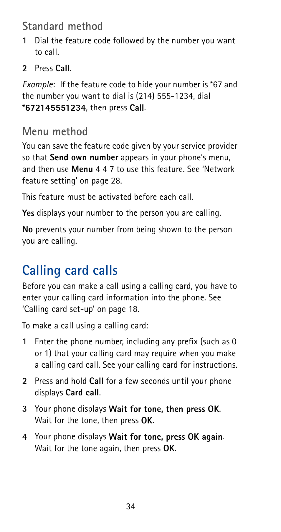 Calling card calls, Standard method, Menu method | Nokia 5125 User Manual | Page 40 / 92