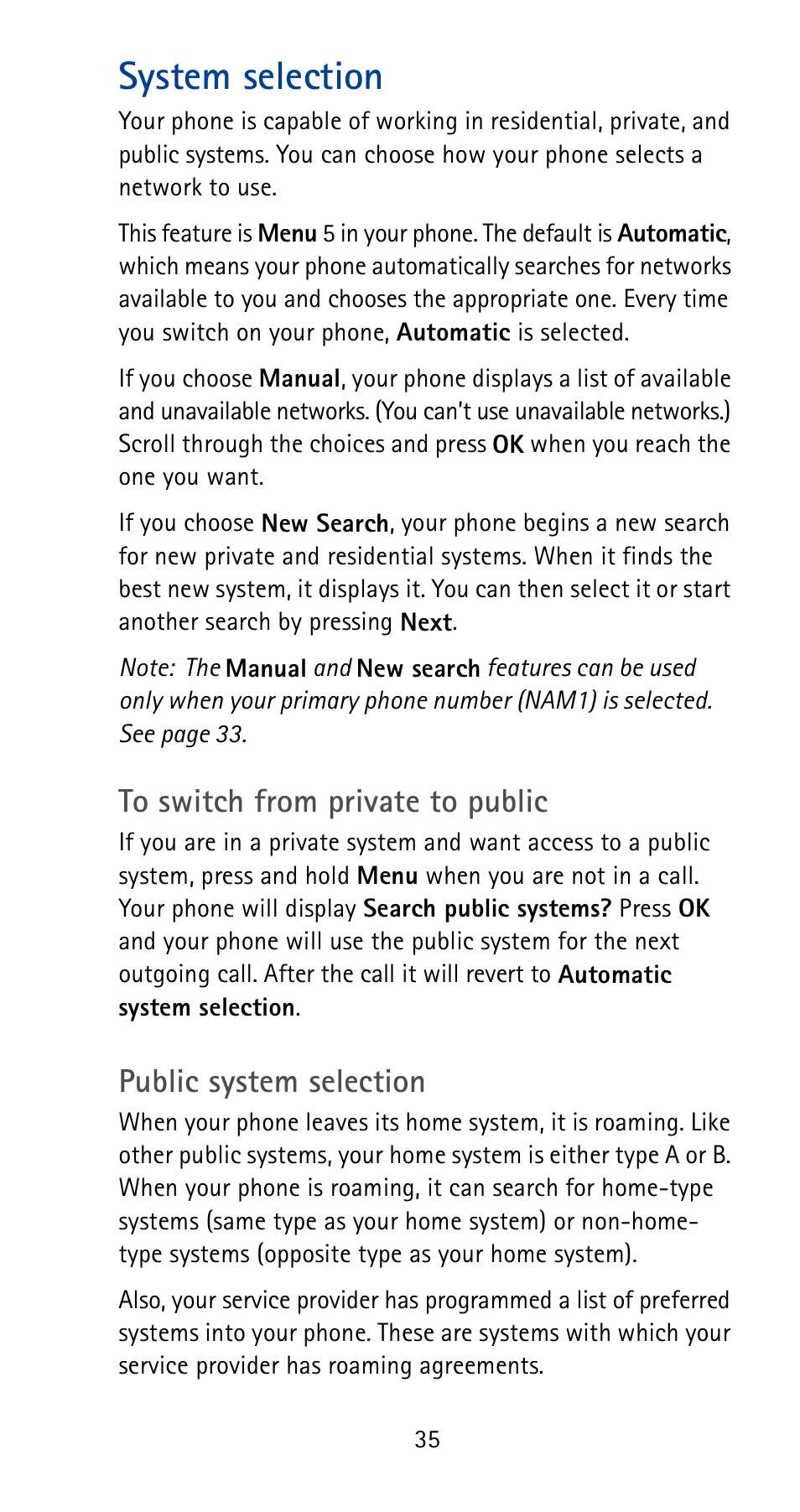 System selection, Public system selection | Nokia 5125 User Manual | Page 41 / 92