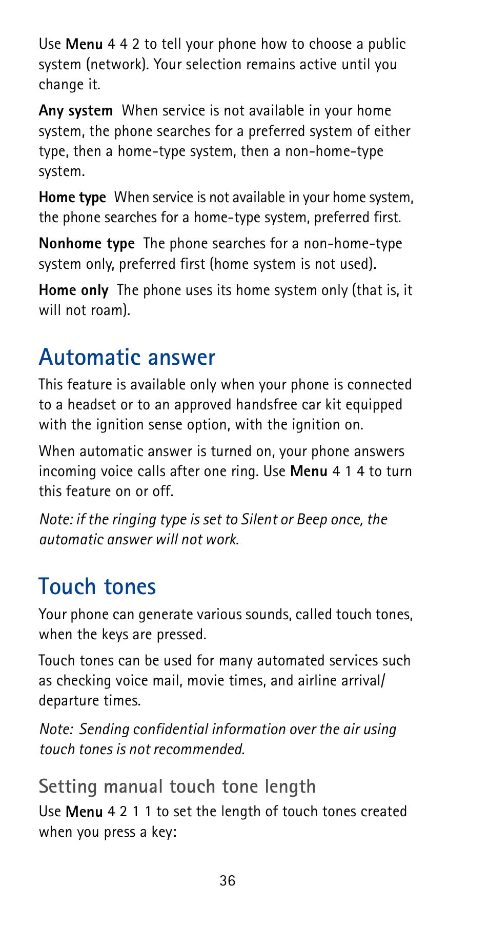 Automatic answer, Touch tones, Setting manual touch tone length | Nokia 5125 User Manual | Page 42 / 92