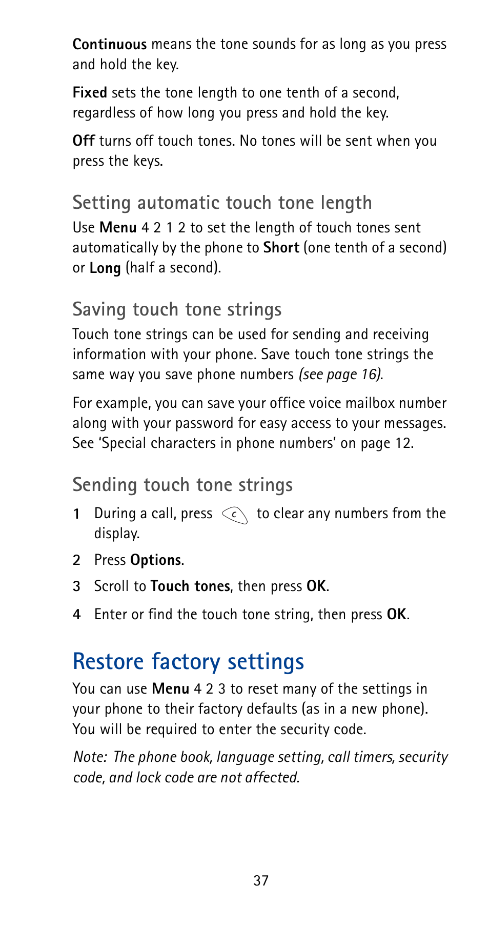 Restore factory settings, Setting automatic touch tone length, Saving touch tone strings | Sending touch tone strings | Nokia 5125 User Manual | Page 43 / 92