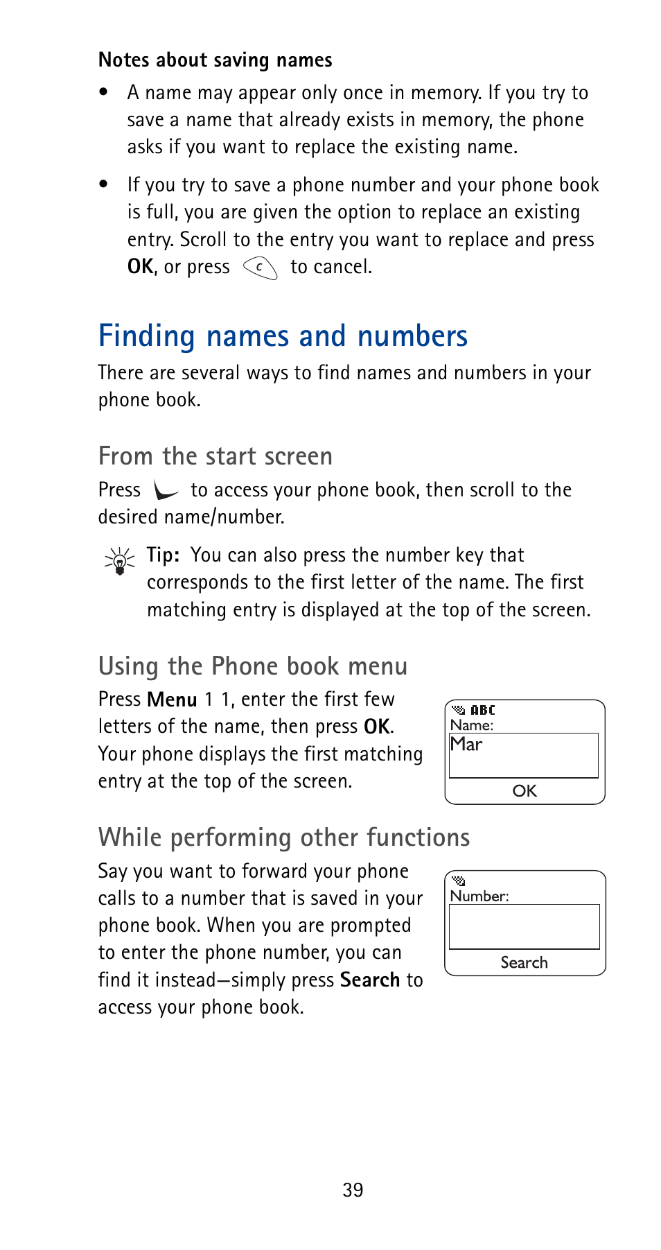 Finding names and numbers, Using the phone book menu, While performing other functions | Nokia 5125 User Manual | Page 45 / 92