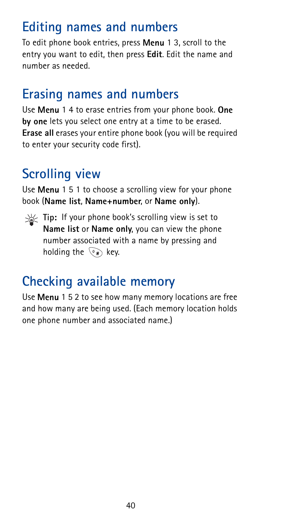 Editing names and numbers, Erasing names and numbers, Scrolling view | Checking available memory | Nokia 5125 User Manual | Page 46 / 92