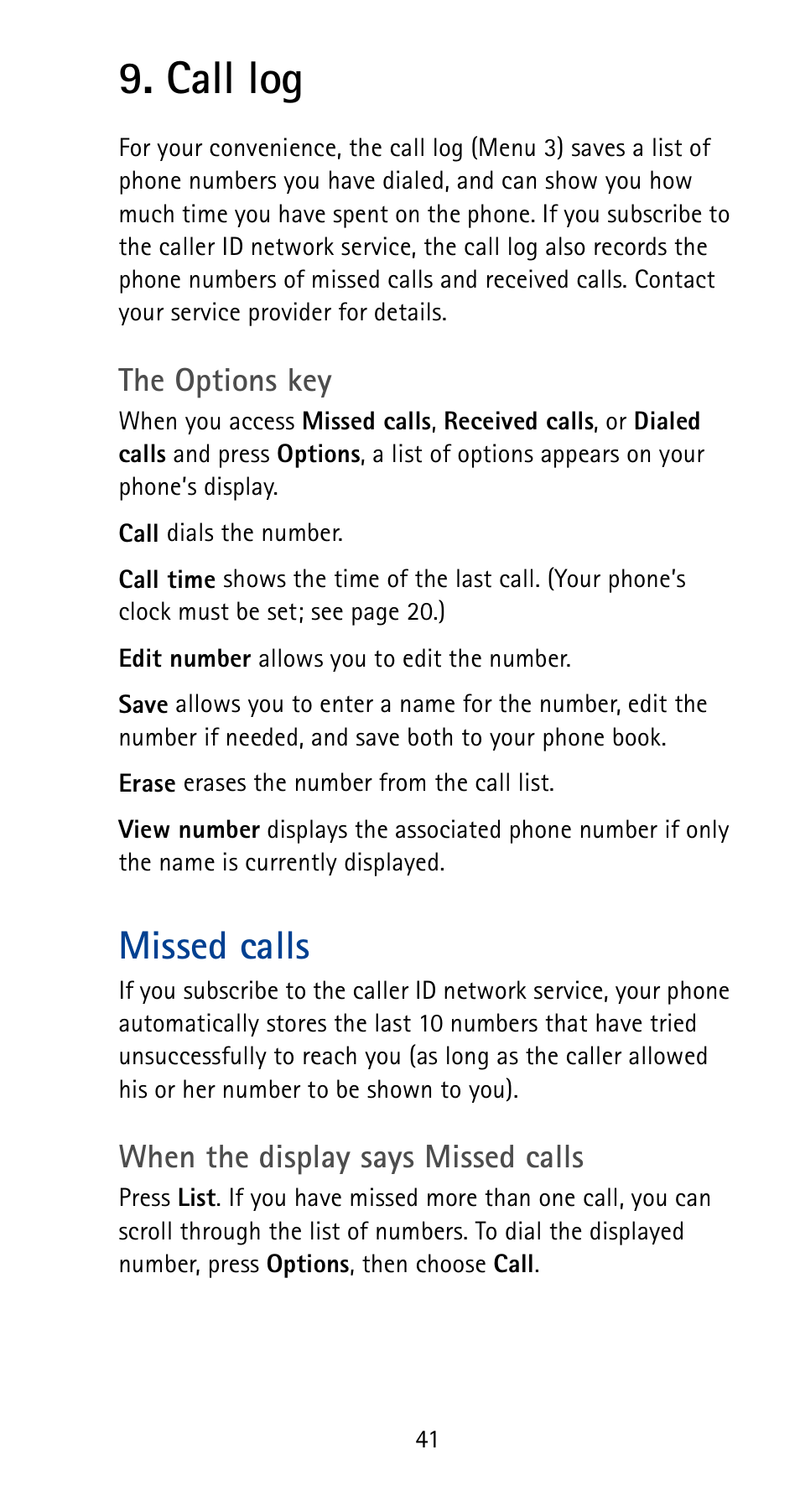 Call log, Missed calls | Nokia 5125 User Manual | Page 47 / 92