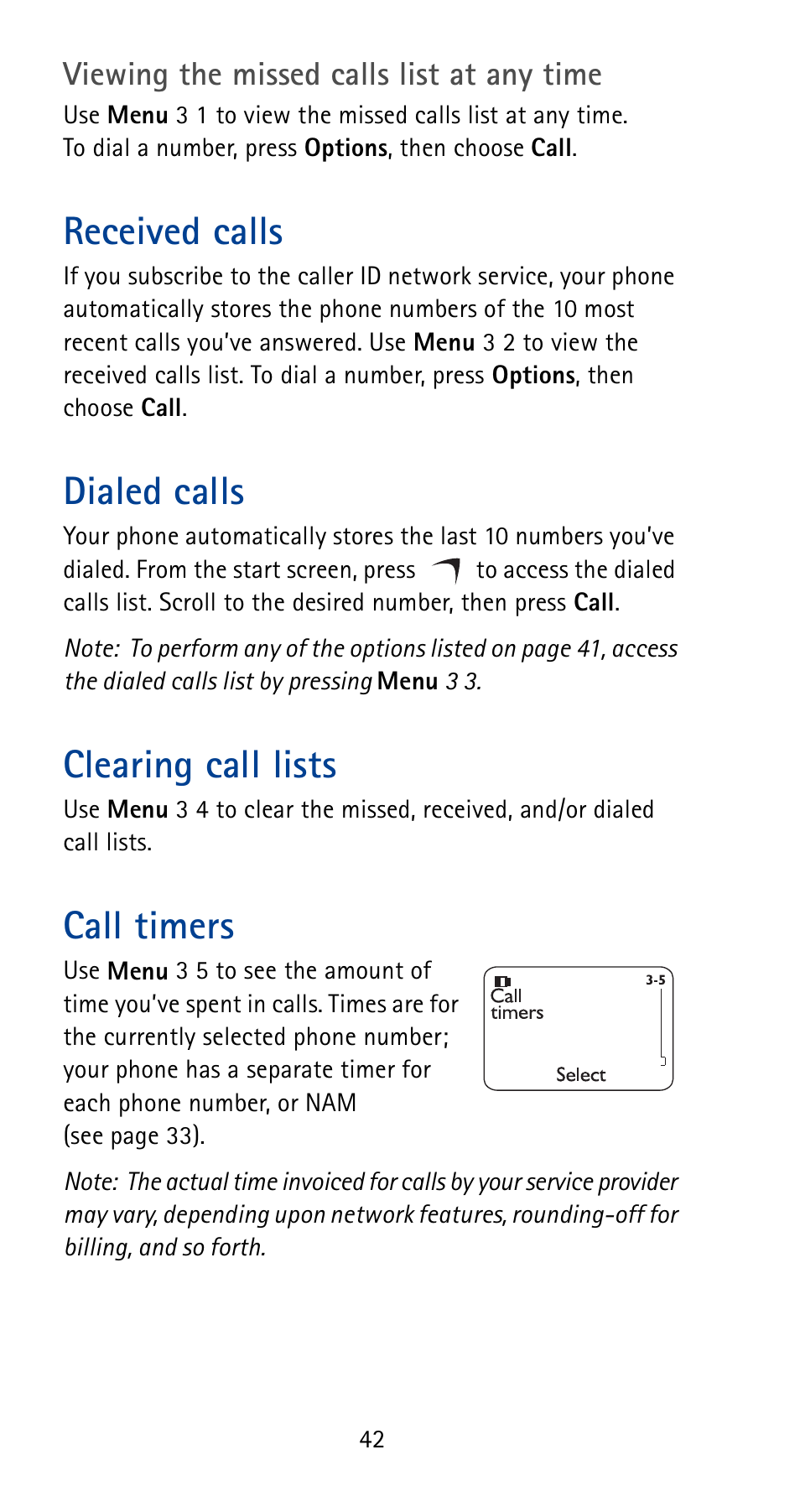 Received calls, Dialed calls, Clearing call lists | Call timers | Nokia 5125 User Manual | Page 48 / 92