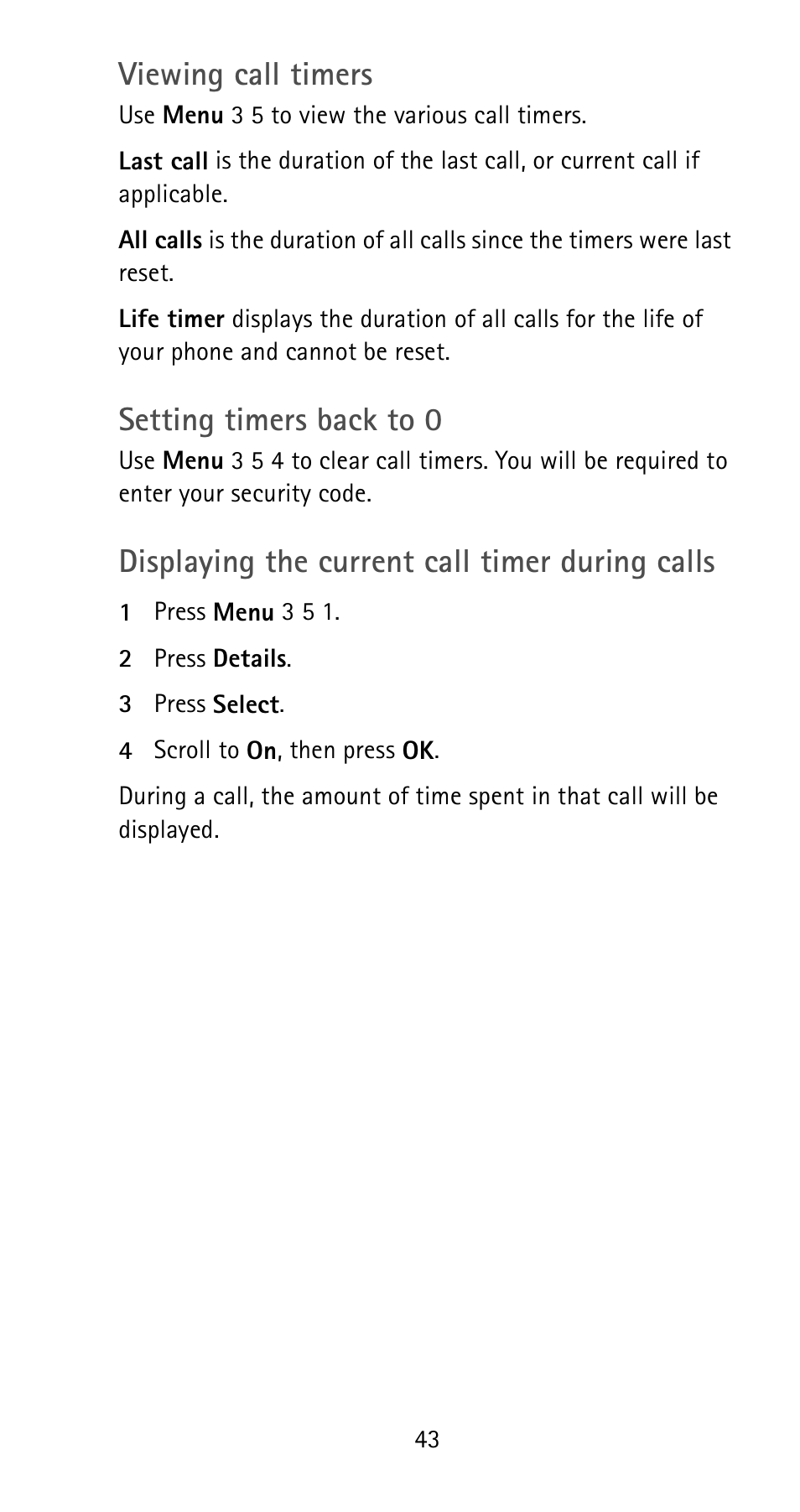 Viewing call timers, Setting timers back to 0, Displaying the current call timer during calls | Nokia 5125 User Manual | Page 49 / 92