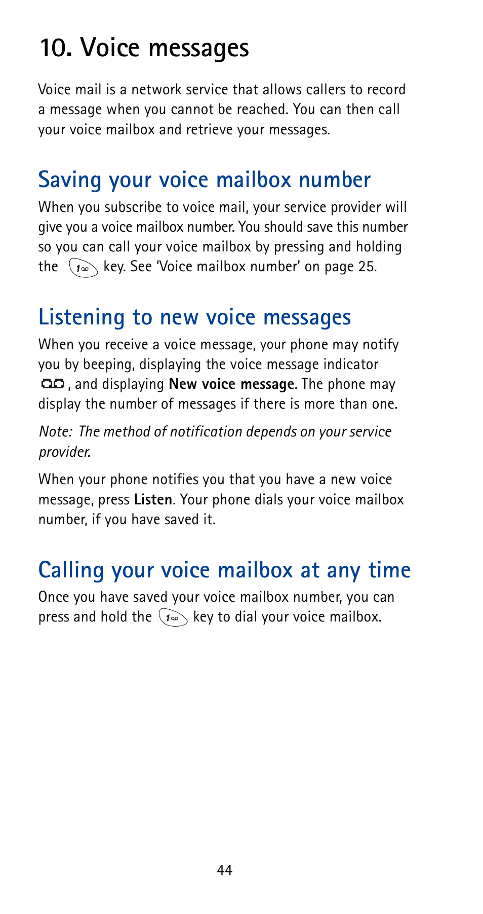 Voice messages, Saving your voice mailbox number, Listening to new voice messages | Calling your voice mailbox at any time | Nokia 5125 User Manual | Page 50 / 92