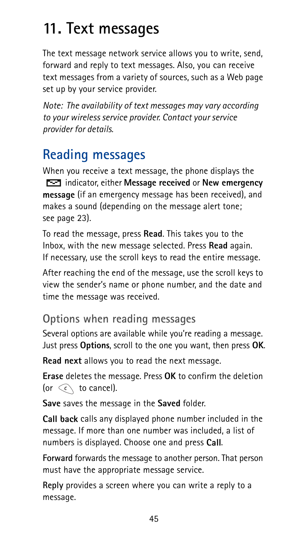 Text messages, Reading messages, Options when reading messages | Nokia 5125 User Manual | Page 51 / 92