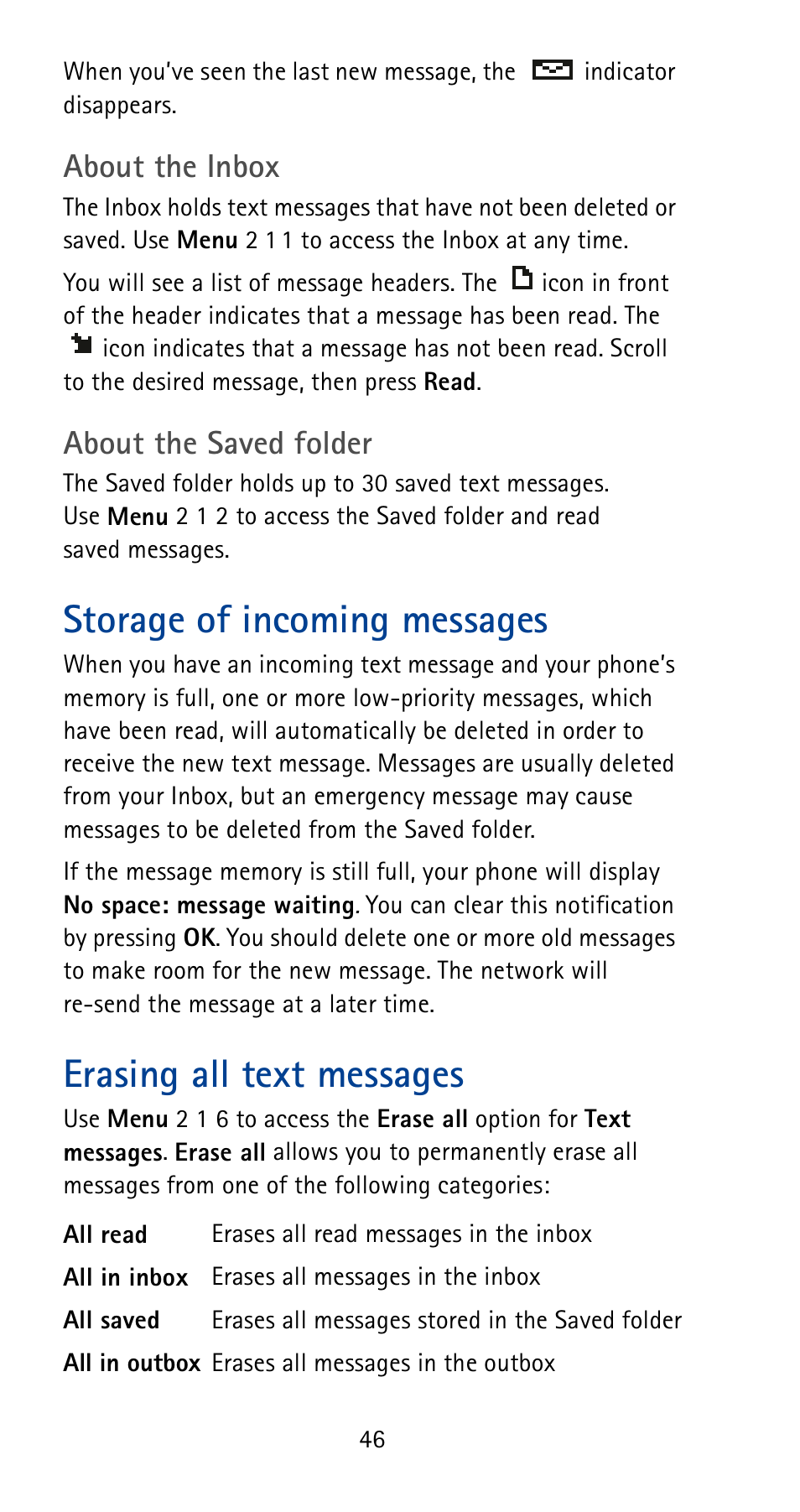 Storage of incoming messages, Erasing all text messages, About the inbox | About the saved folder | Nokia 5125 User Manual | Page 52 / 92