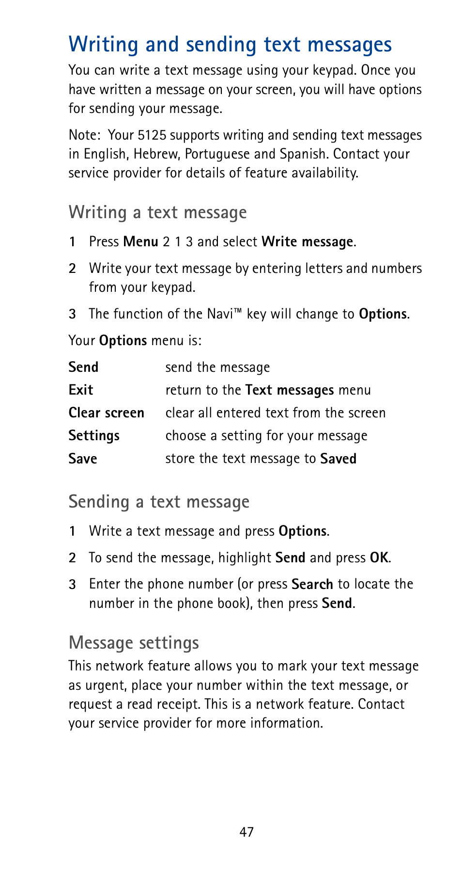 Writing and sending text messages, Writing a text message, Sending a text message | Message settings | Nokia 5125 User Manual | Page 53 / 92