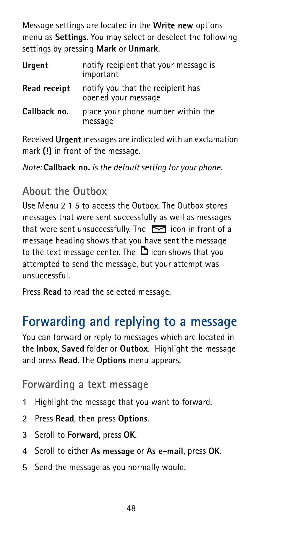 Forwarding and replying to a message, About the outbox, Forwarding a text message | Nokia 5125 User Manual | Page 54 / 92