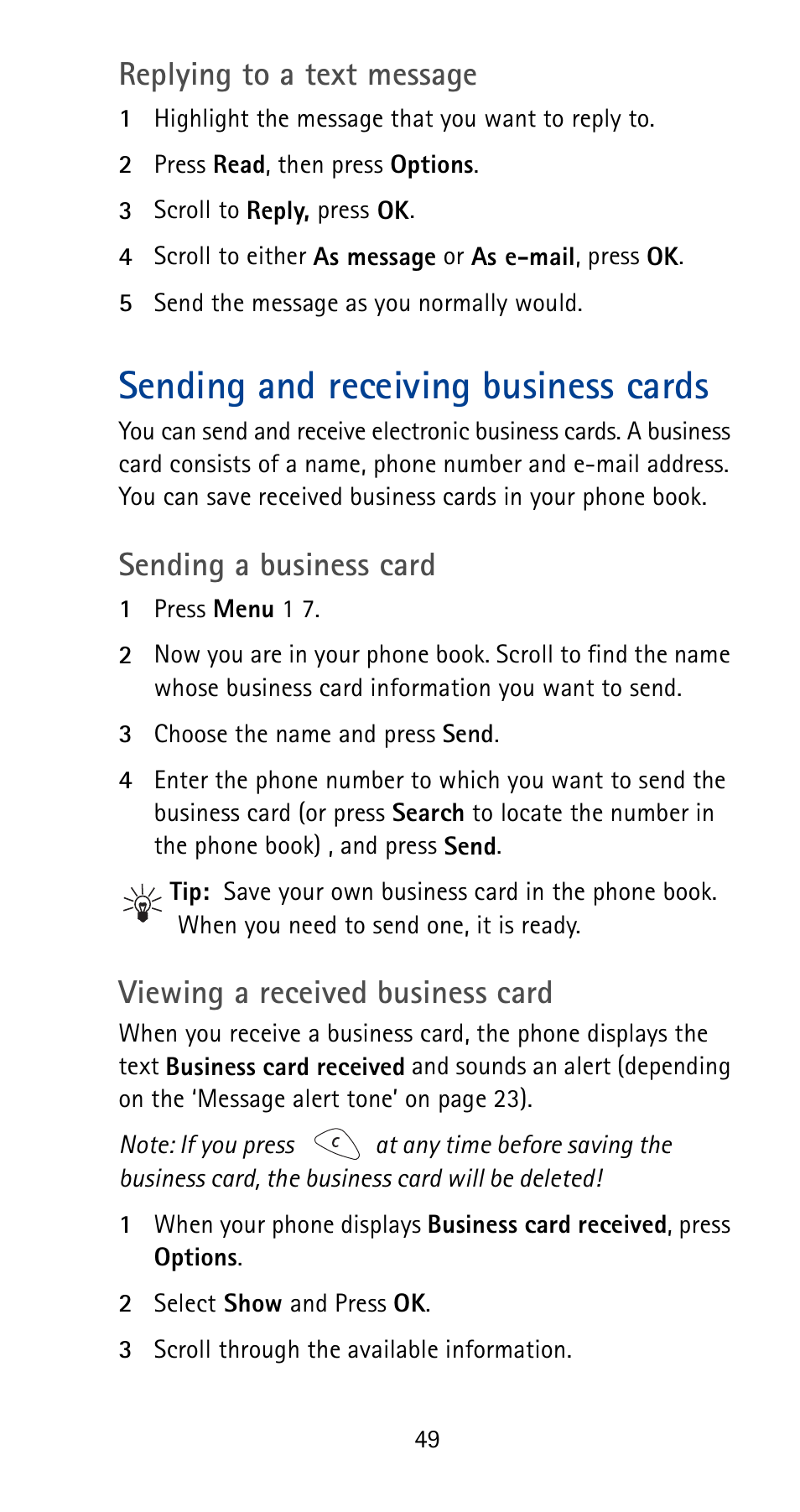 Sending and receiving business cards, Replying to a text message, Sending a business card | Viewing a received business card | Nokia 5125 User Manual | Page 55 / 92