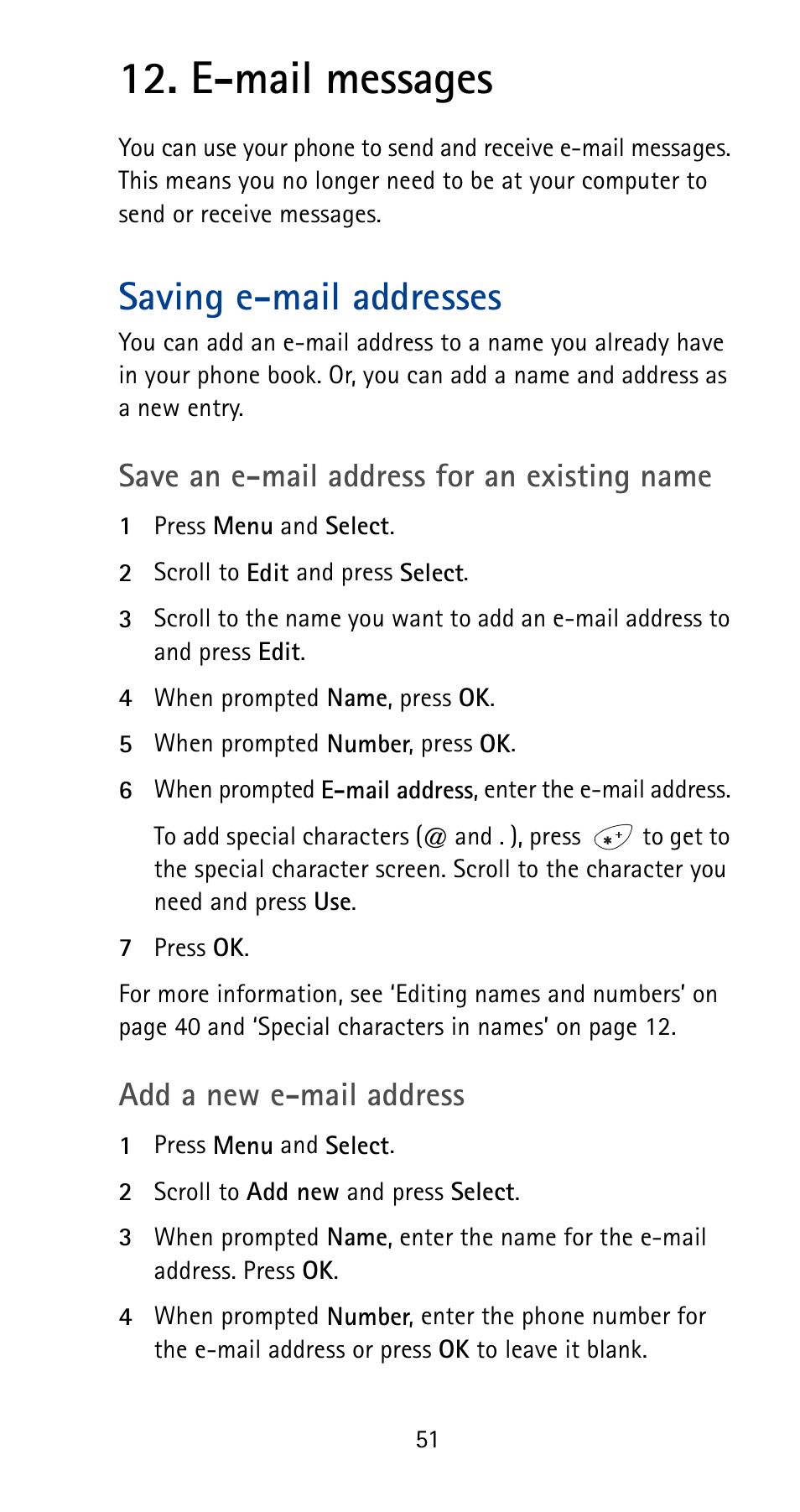 E-mail messages, Saving e-mail addresses, Save an e-mail address for an existing name | Add a new e-mail address | Nokia 5125 User Manual | Page 57 / 92