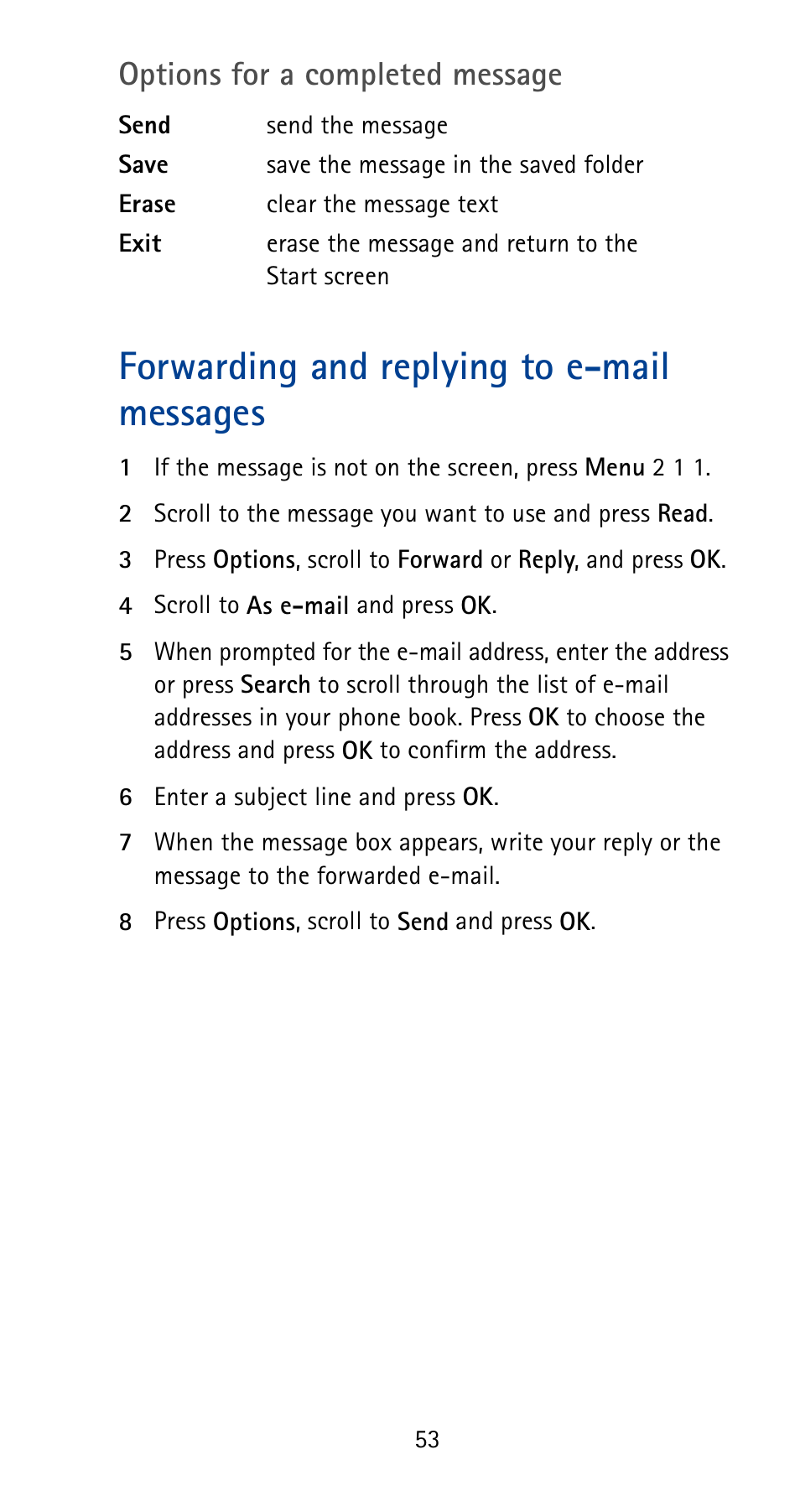 Forwarding and replying to e-mail messages, Options for a completed message | Nokia 5125 User Manual | Page 59 / 92