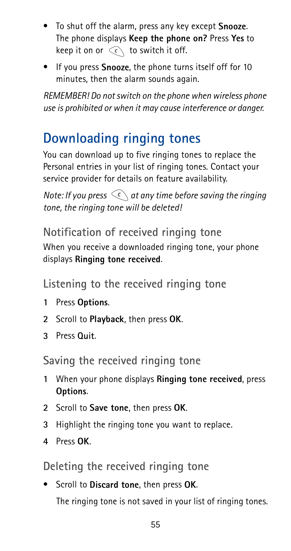 Downloading ringing tones, Notification of received ringing tone, Listening to the received ringing tone | Saving the received ringing tone, Deleting the received ringing tone | Nokia 5125 User Manual | Page 61 / 92