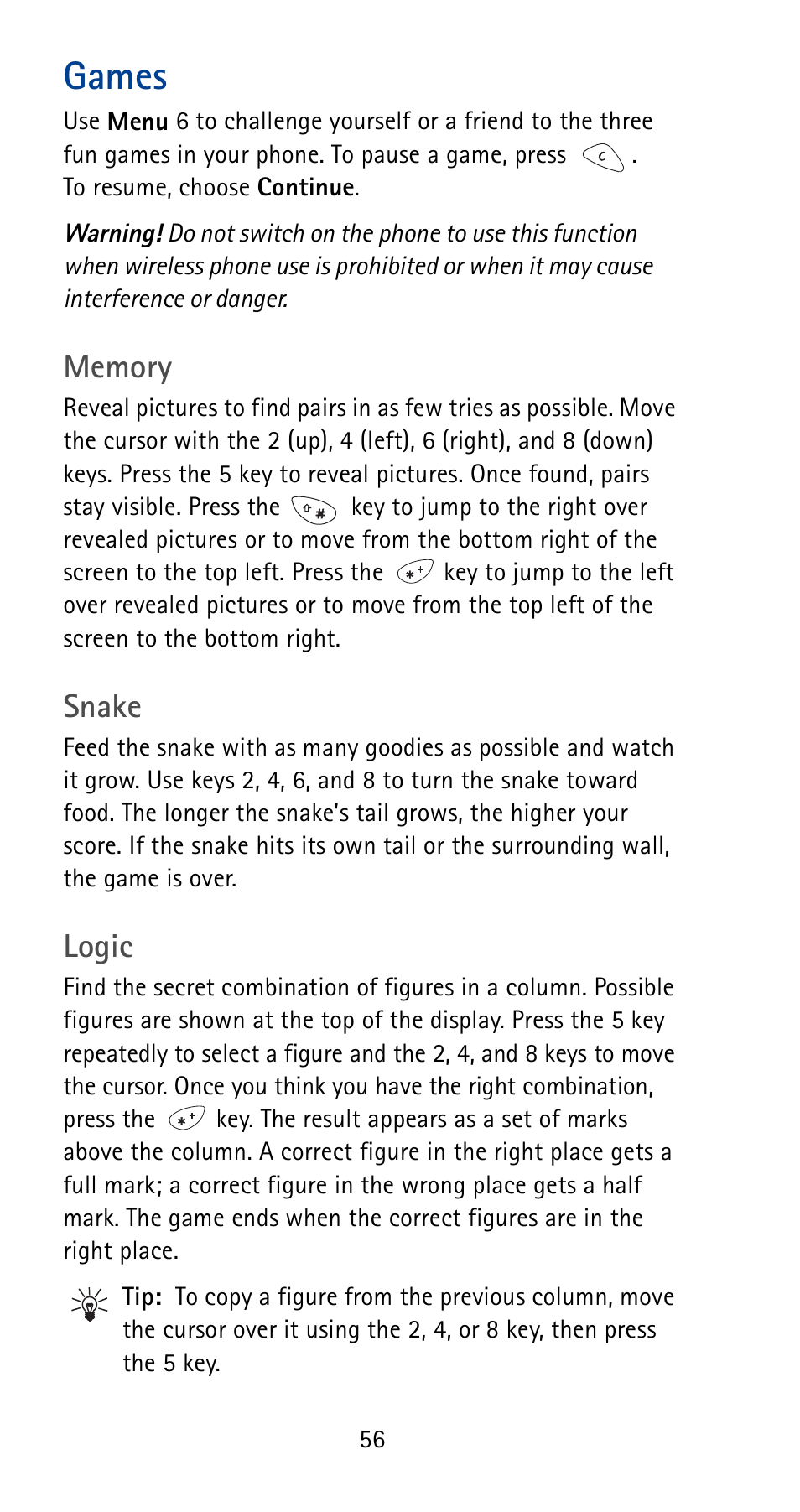 Games, Snake, Logic | Nokia 5125 User Manual | Page 62 / 92