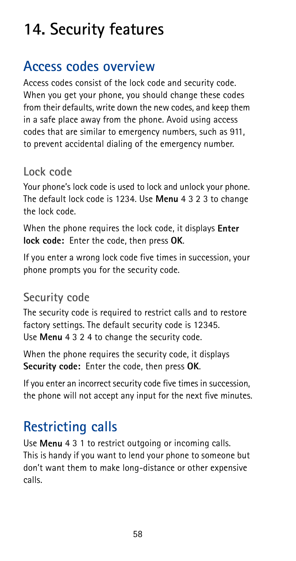 Security features, Access codes overview, Lock code | Security code, Restricting calls | Nokia 5125 User Manual | Page 64 / 92