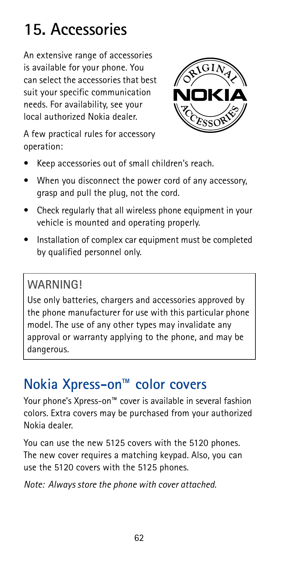 Accessories, Nokia xpress-on™ color covers, Warning | Nokia 5125 User Manual | Page 68 / 92