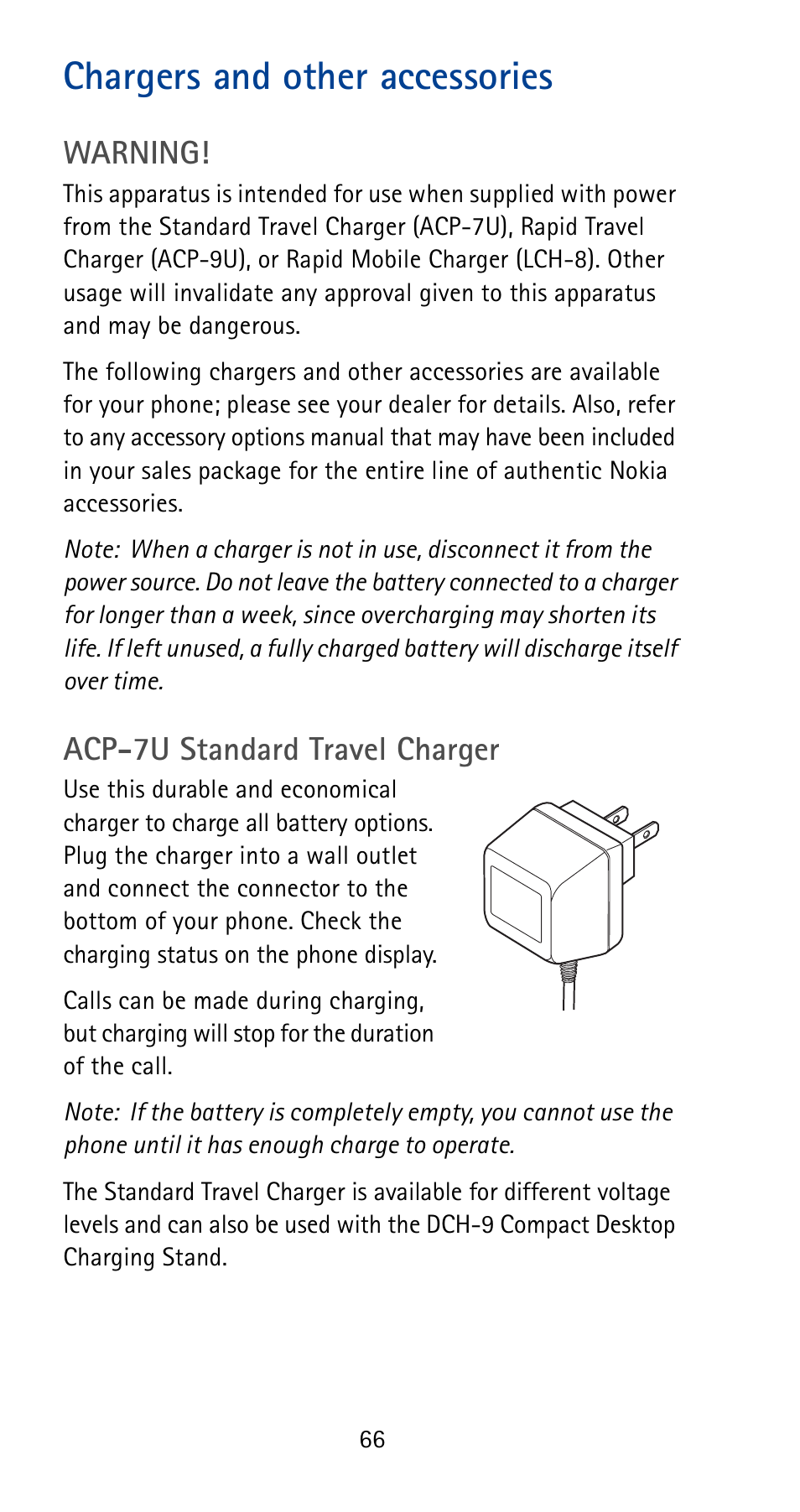 Chargers and other accessories, Warning, Acp-7u standard travel charger | Nokia 5125 User Manual | Page 72 / 92