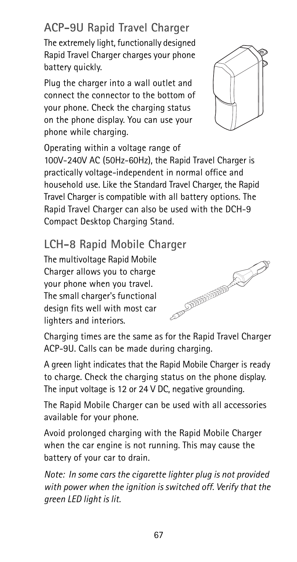 Acp-9u rapid travel charger, Lch-8 rapid mobile charger | Nokia 5125 User Manual | Page 73 / 92