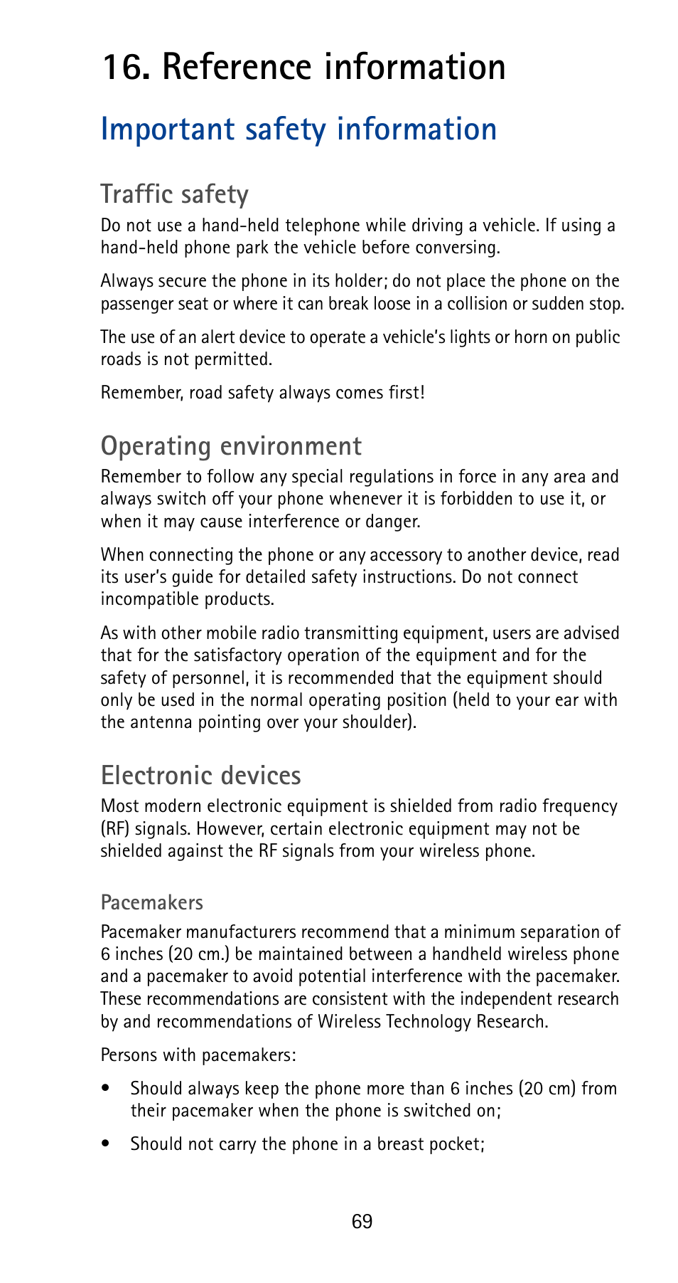 Reference information, Important safety information, Traffic safety | Operating environment, Electronic devices | Nokia 5125 User Manual | Page 75 / 92