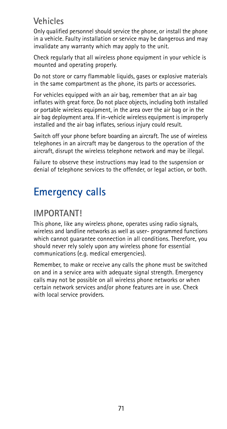 Emergency calls, Vehicles, Important | Nokia 5125 User Manual | Page 77 / 92