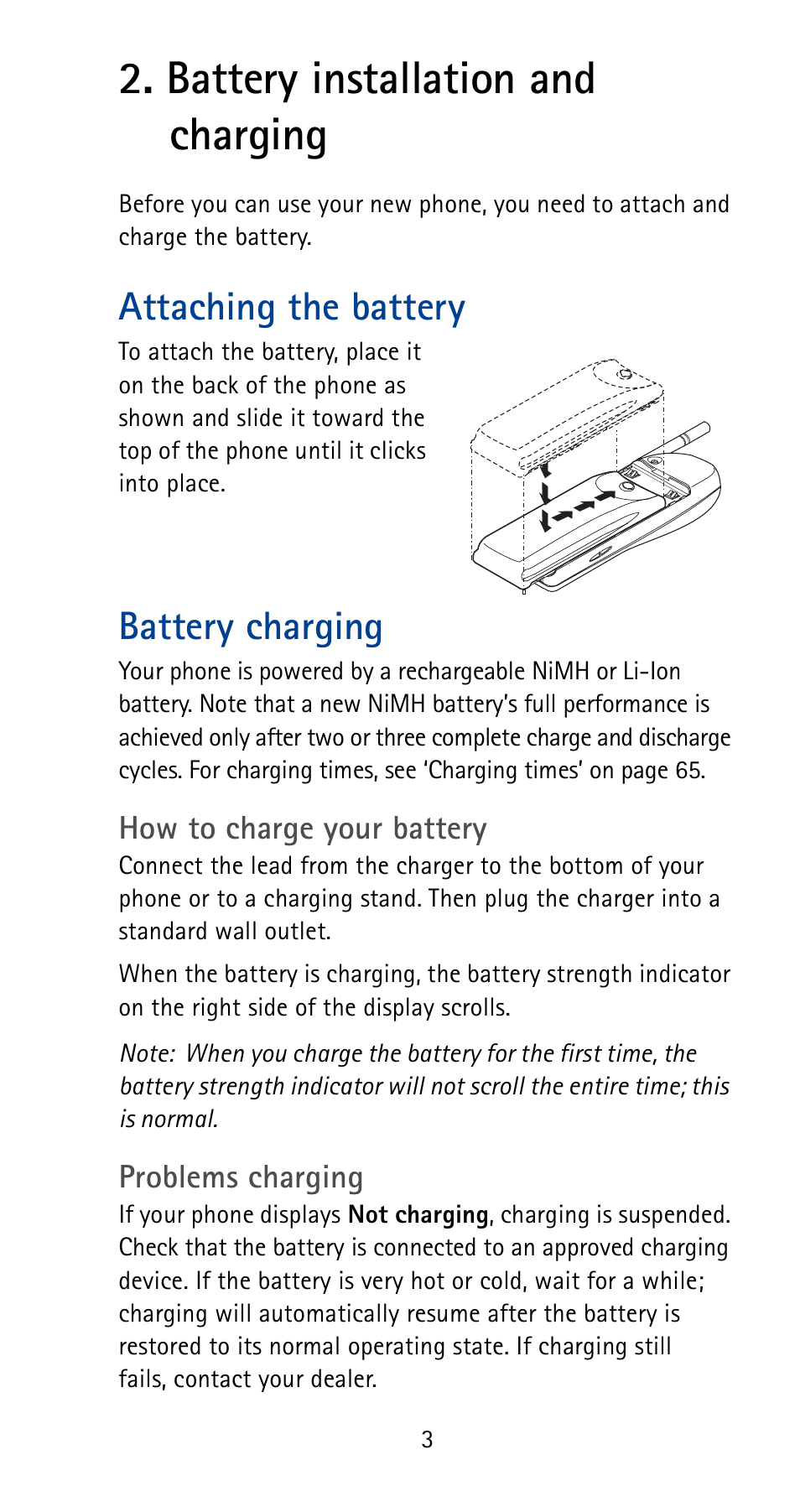 Battery installation and charging, Attaching the battery, Battery charging | Nokia 5125 User Manual | Page 9 / 92