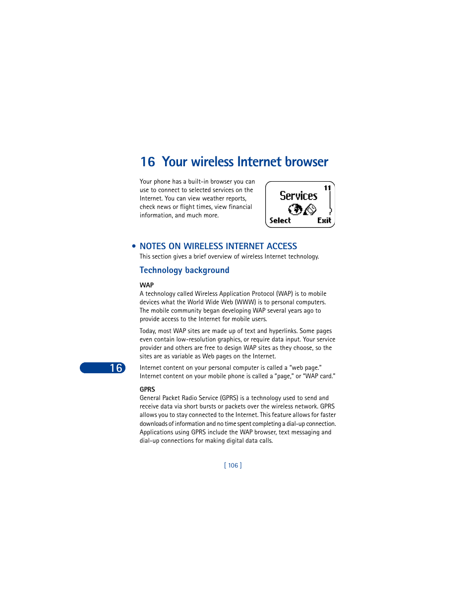 16 your wireless internet browser, Notes on wireless internet access | Nokia 8390 User Manual | Page 117 / 173