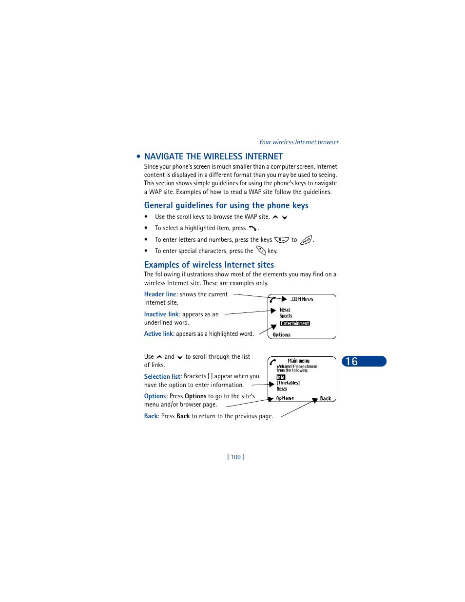 Navigate the wireless internet, General guidelines for using the phone keys, Examples of wireless internet sites | Nokia 8390 User Manual | Page 120 / 173