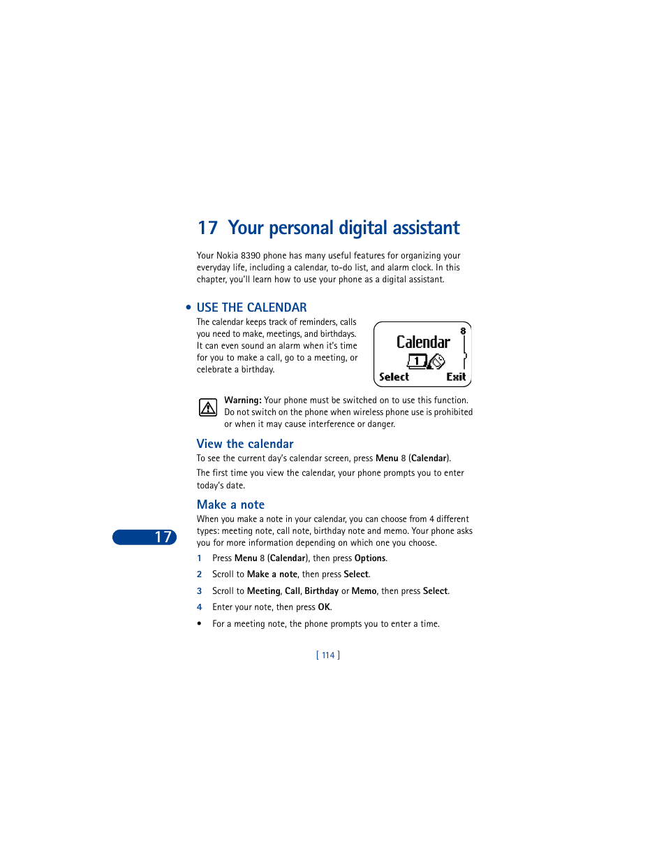 17 your personal digital assistant, Use the calendar | Nokia 8390 User Manual | Page 125 / 173