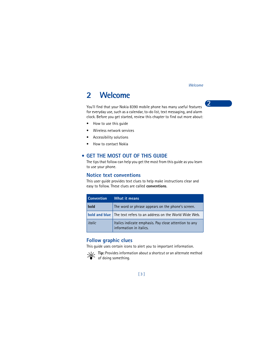 2 welcome, Get the most out of this guide, Welcome | 2welcome | Nokia 8390 User Manual | Page 14 / 173