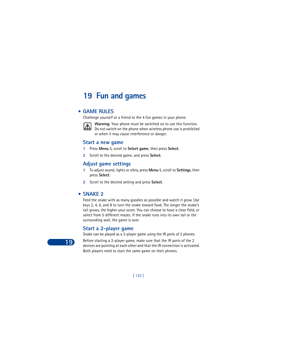 19 fun and games, Game rules, Snake 2 | Game rules snake 2 | Nokia 8390 User Manual | Page 143 / 173