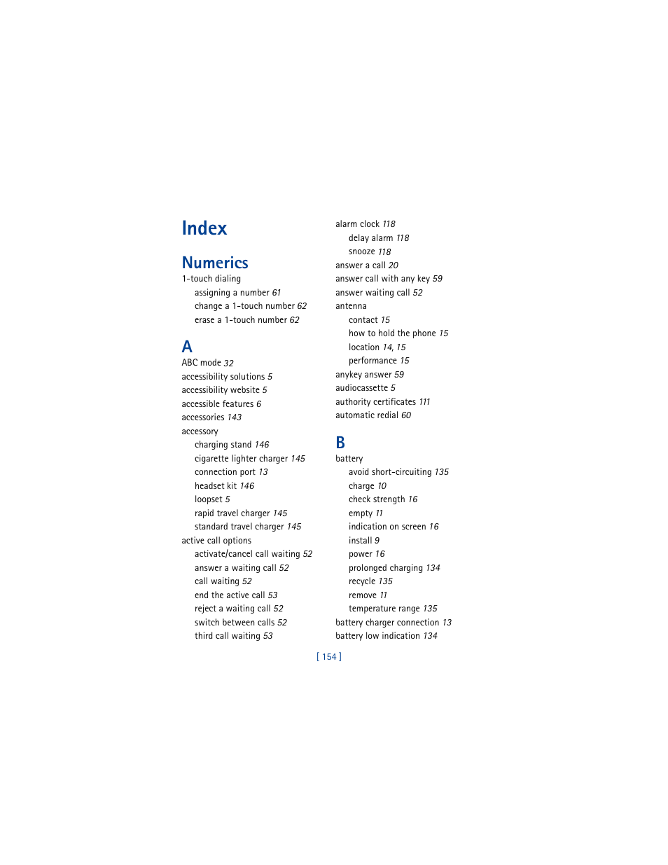 Index, Numerics | Nokia 8390 User Manual | Page 165 / 173