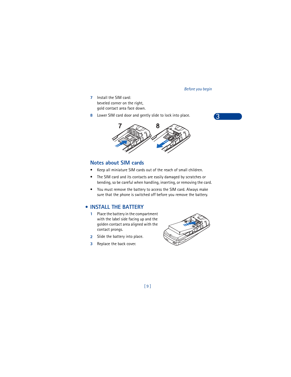 Install the battery | Nokia 8390 User Manual | Page 20 / 173