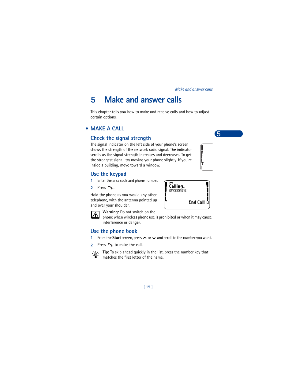 5 make and answer calls, Make a call, Make and answer calls | 5make and answer calls | Nokia 8390 User Manual | Page 30 / 173