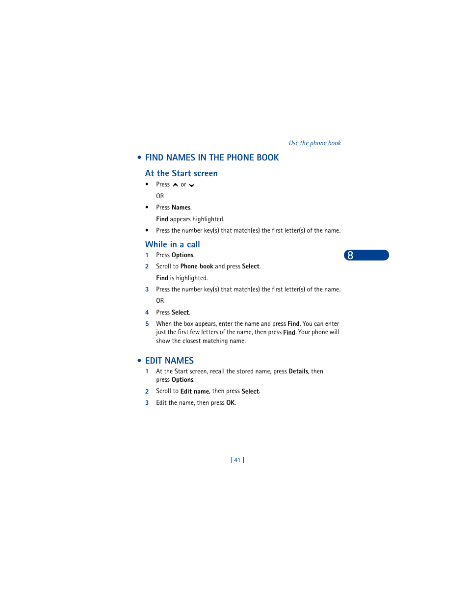 Find names in the phone book, Edit names, Find names in the phone book edit names | Nokia 8390 User Manual | Page 52 / 173