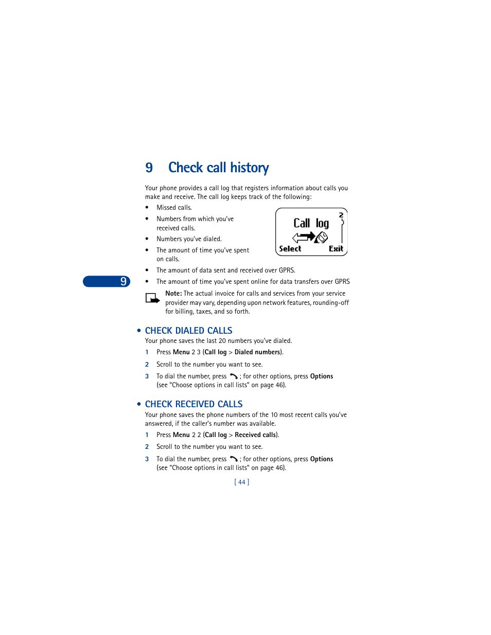 9 check call history, Check dialed calls, Check received calls | Check call history, Check dialed calls check received calls, 9check call history | Nokia 8390 User Manual | Page 55 / 173