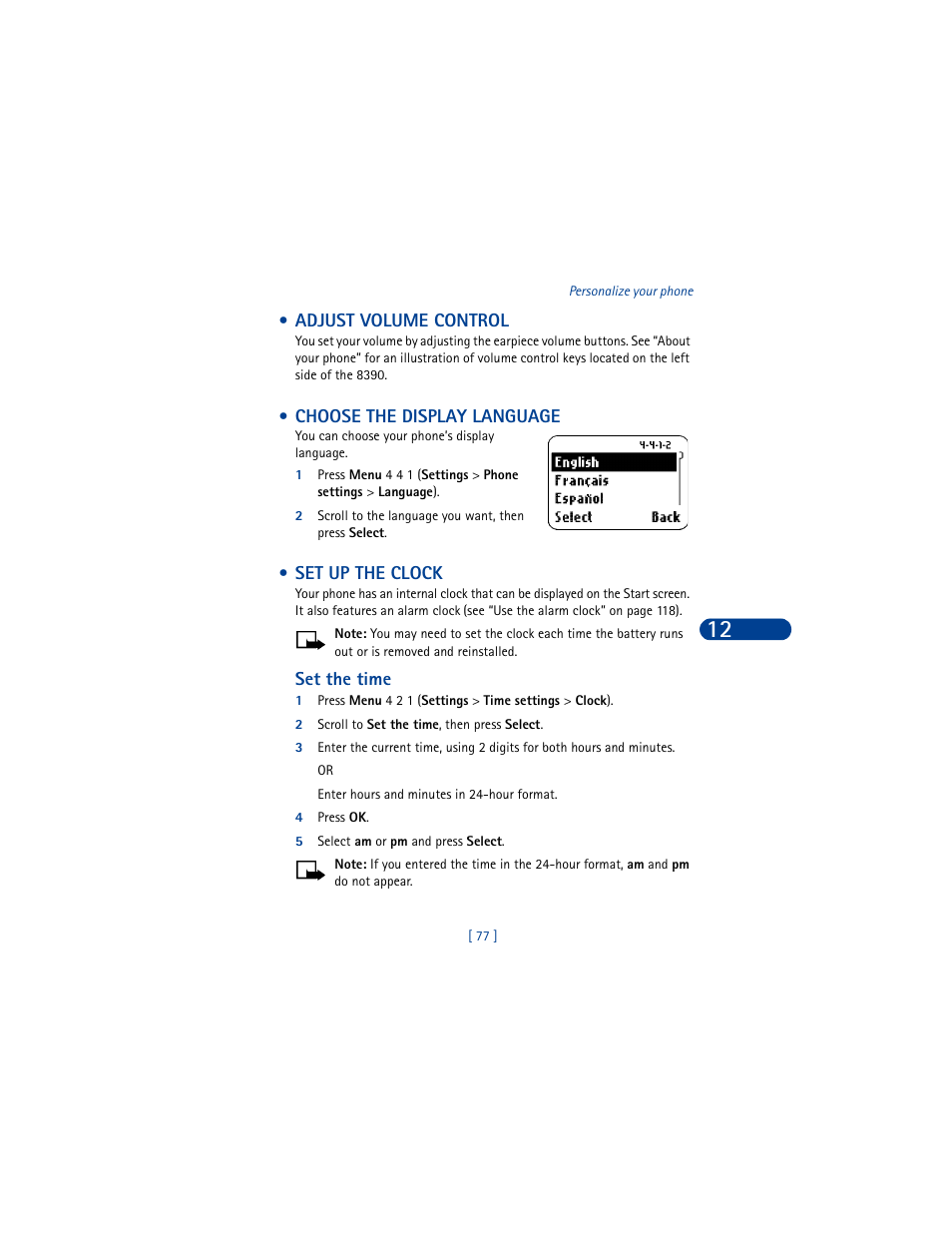 Adjust volume control, Choose the display language, Set up the clock | Nokia 8390 User Manual | Page 88 / 173